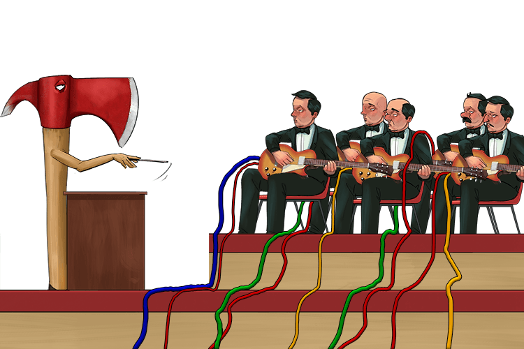 There was an axe on (axon) stage conducting an electric guitar orchestra. There were cables everywhere